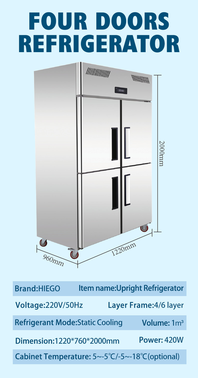 고기류 4 문을 위한 1000L 스테인레스 강 냉장고는 냉각 수직 주방 냉동기를 일으킵니다 0
